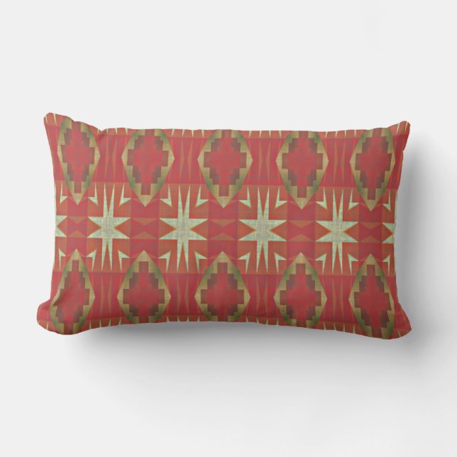 Beige Mustard Ochre Brown Red Orange Tribal Art Lumbar Cushion (Front)