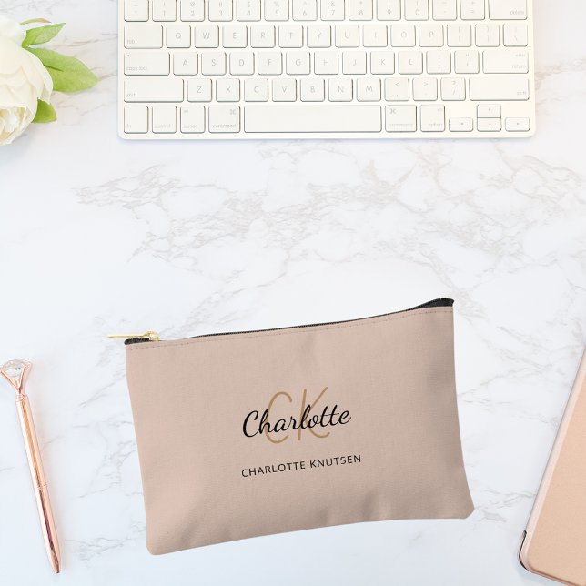 Beige name monogram initials modern accessory pouch (Creator Uploaded)