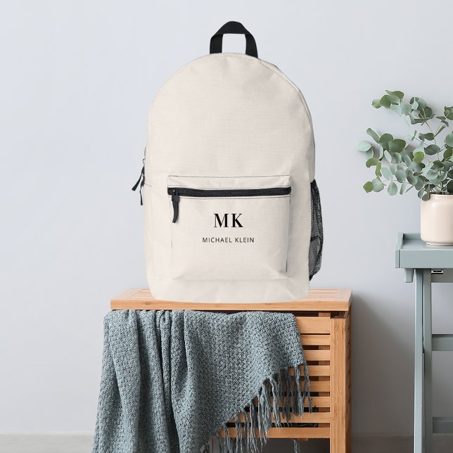 Beige name monogram initials printed backpack (Creator Uploaded)