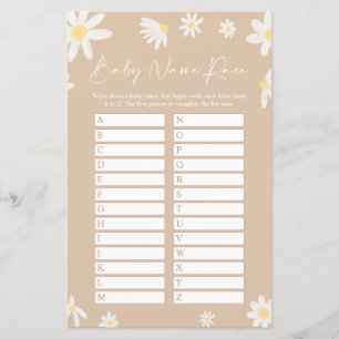 Beige Name Race Baby Shower Game card