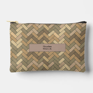 Beige Natural Herringbone Name Travel Accessory Pouch