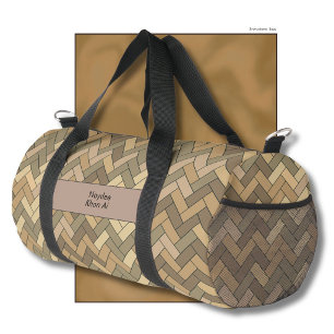 Beige Natural Herringbone Name Travel Duffle Bag