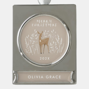 Beige natural reindeer botanical delicate elegant silver plated banner ornament