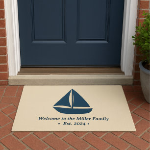 beige navy blue ship wheel Family Name est. Year  Doormat
