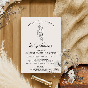 Beige Neutral Floral Classy Elegant Baby Shower Invitation