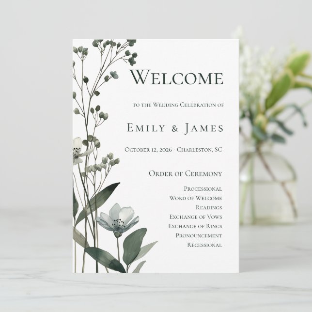 Beige Neutral Floral Wedding Programme (Standing Front)