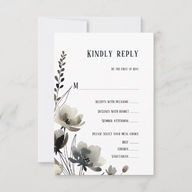 Beige Neutral Floral Wedding RSVP Card (Front)