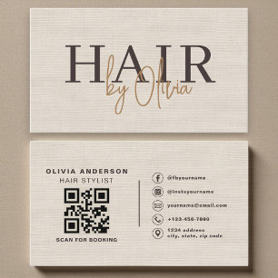 Beige Neutral Linen QR Code Hair Stylist Business Card