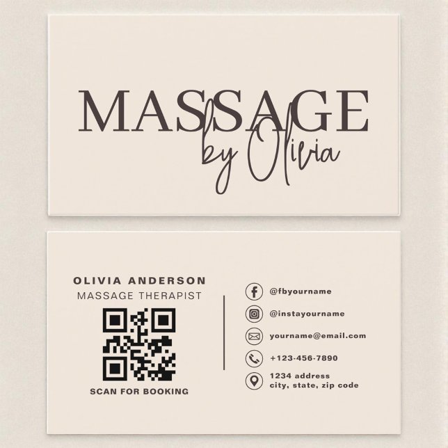 Beige Neutral Massage Therapist QR Code Business Card (Creator Uploaded)