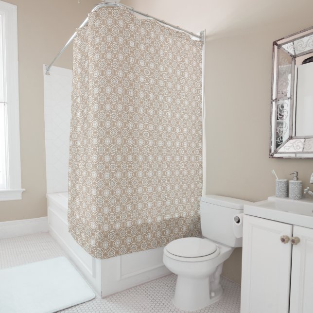 Beige Neutral Modern Geometrical Batik Pattern Shower Curtain (In Situ)