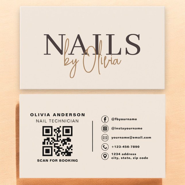 Beige Neutral QR Code Nail Specialist Artist Business Card (Creator Uploaded)