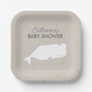 Beige Neutral White Whale Baby Shower  Paper Plate