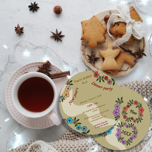 Beige New Year's dinner party with floral wreath Invitation (Creator Uploaded)