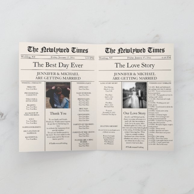 Beige Newspaper Wedding Timeline Program Story Invitation (Inside)