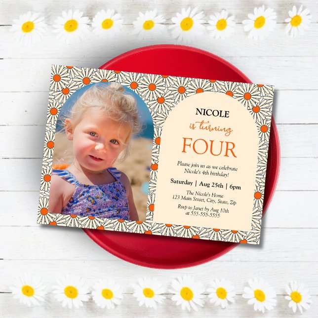 Beige Orange Daisies Floral Photo 4th Birthday Invitation (Creator Uploaded)
