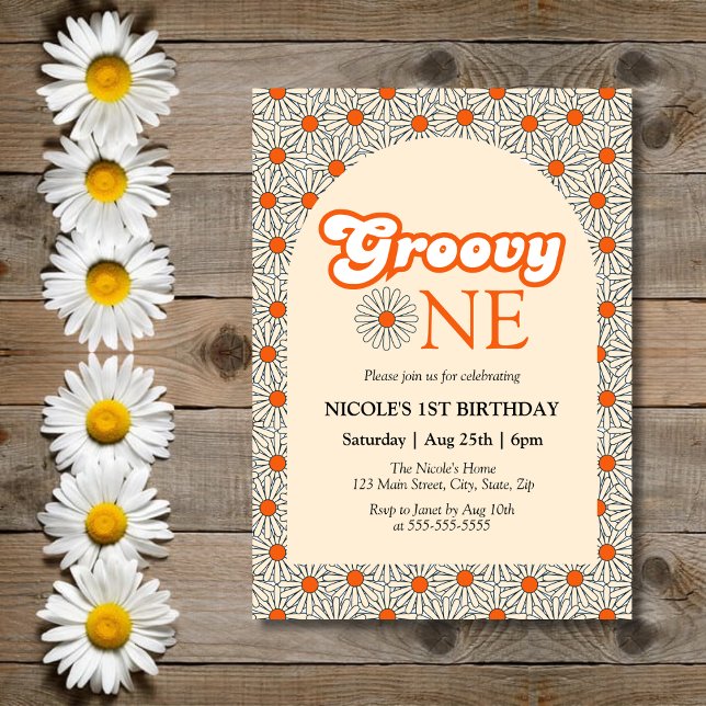 Beige Orange Daisy Groovy Arch 1st Birthday Invitation (Creator Uploaded)
