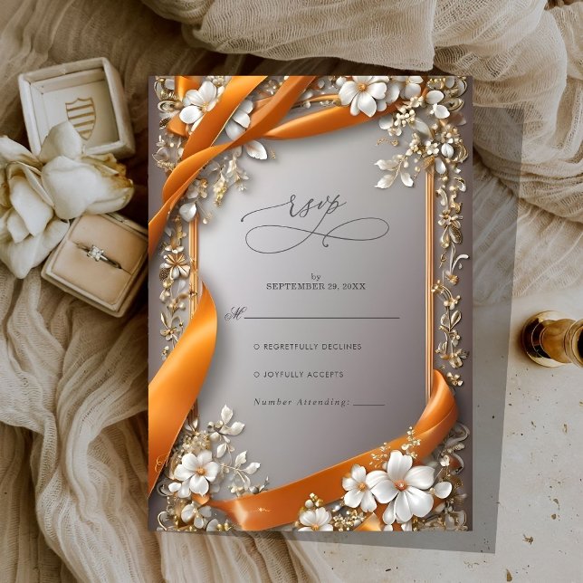 Beige Orange Ribbons Ornate floral Wedding RSVP Card (Creator Uploaded)