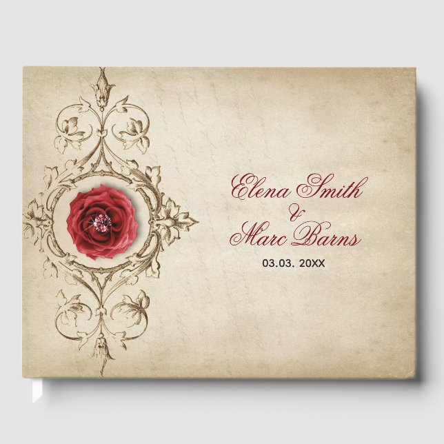 Beige Ornament And Red Rose Guest Book (Front)