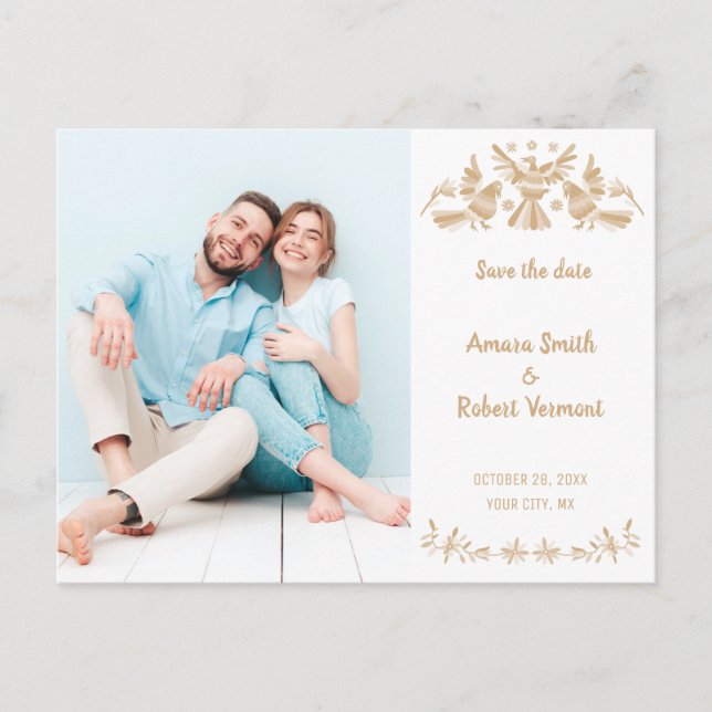 BEIGE OTOMI MEXICAN SAVE THE DATE POSTCARD (Front)