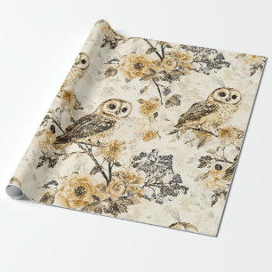 Beige Owl Cottagecore Floral Pattern Wrapping Paper