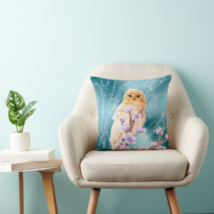 Beige Owl on Purple Floral Branch Magical Sparkle Cushion