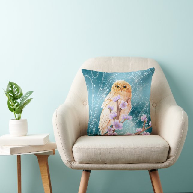 Beige Owl on Purple Floral Branch Magical Sparkle  Cushion (Chair)
