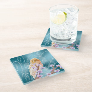 Beige Owl on Purple Floral Branch Magical Sparkle  Glass Coaster