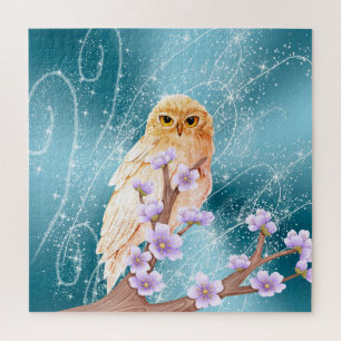 Beige Owl on Purple Floral Branch Magical Sparkle Jigsaw Puzzle