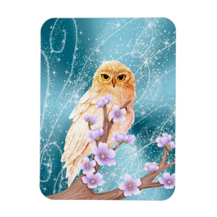 Beige Owl on Purple Floral Branch Magical Sparkle  Magnet