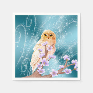 Beige Owl on Purple Floral Branch Magical Sparkle  Napkin