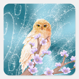 Beige Owl on Purple Floral Branch Magical Sparkle  Square Sticker