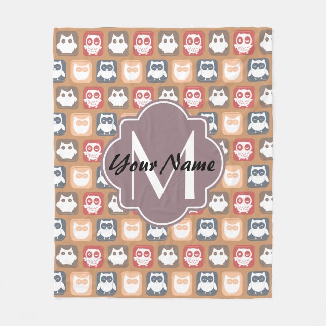 Beige Owls Personalised Monogram and Name Fleece Blanket (Front)