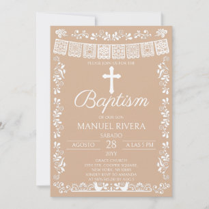 Beige Papel Picado Baptism Invitation
