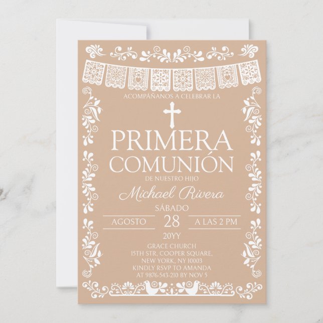 Beige Papel Picado Primera Comunión Invitation (Front)