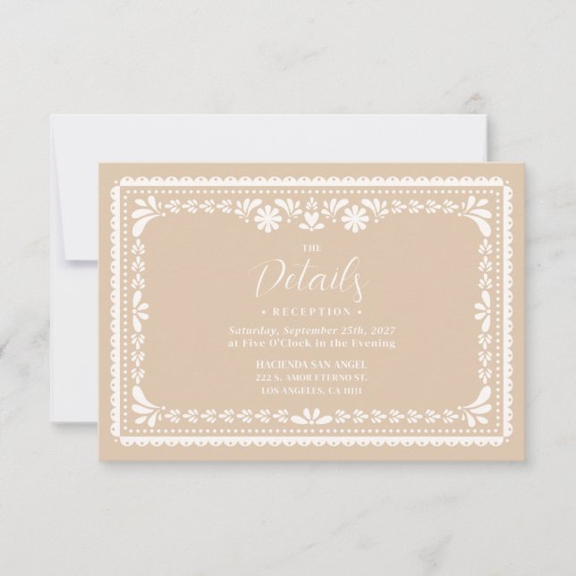 Beige Papel Picado Wedding Details Card (Front)