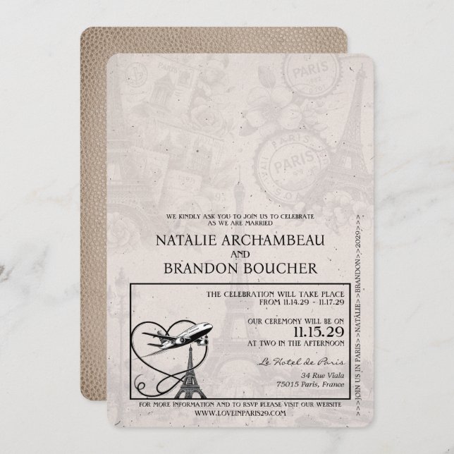 Beige Paris Passport Wedding Invitation (Front/Back)