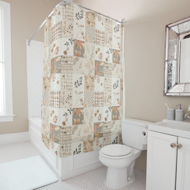 Beige Patchwork Quilt Rustic Floral Retro  Shower Curtain (In Situ)