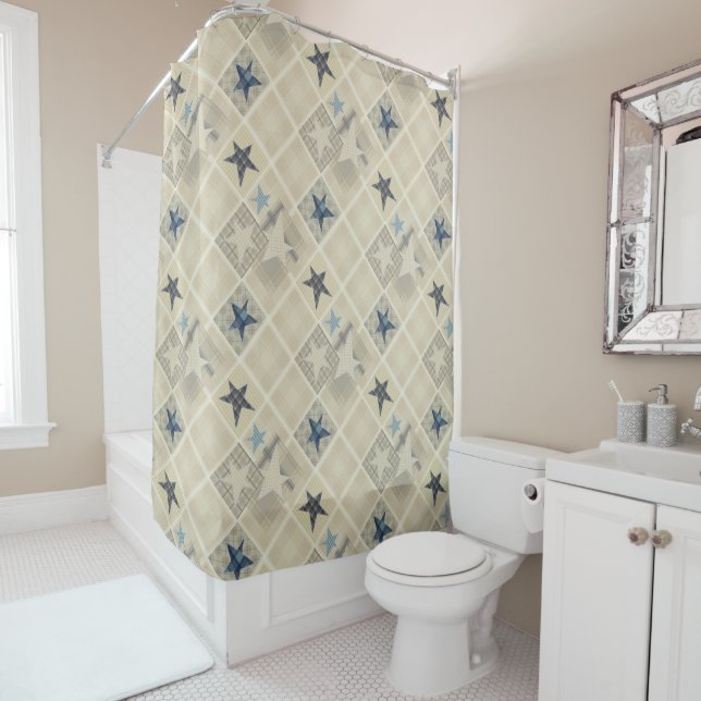 Beige patchwork shower curtain (In Situ)
