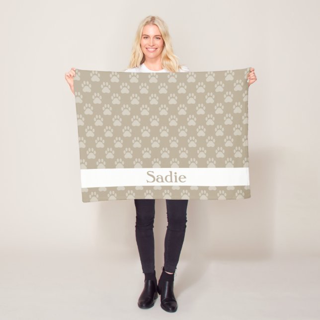 Beige Paw Prints Pattern With Custom Name Fleece Blanket (In Situ)