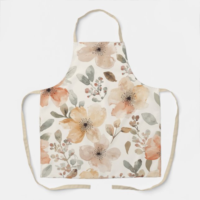 Beige Peach Floral Watercolor Botanical Pattern Apron (Front)
