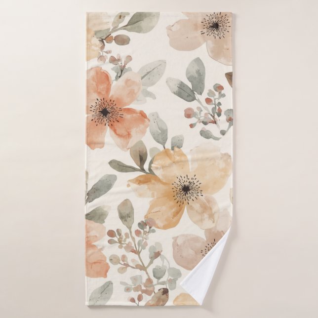 Beige Peach Floral Watercolor Botanical Pattern Bath Towel (Bath Towel)