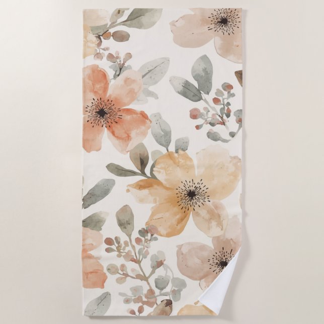 Beige Peach Floral Watercolor Botanical Pattern Beach Towel (Front)