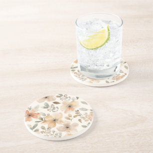 Beige Peach Floral Watercolor Botanical Pattern Coaster