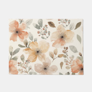 Beige Peach Floral Watercolor Botanical Pattern Doormat