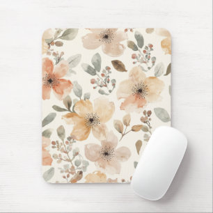 Beige Peach Floral Watercolor Botanical Pattern Mouse Pad
