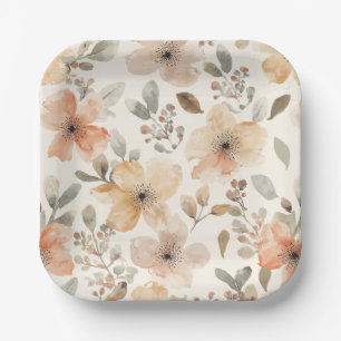 Beige Peach Floral Watercolor Botanical Pattern Paper Plate