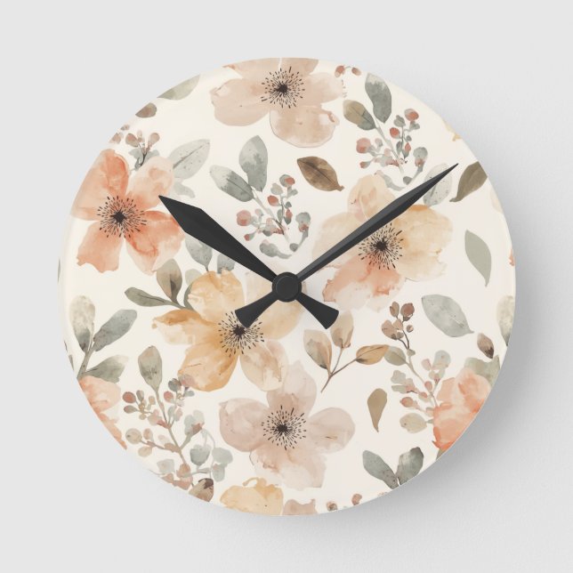 Beige Peach Floral Watercolor Botanical Pattern Round Clock (Front)