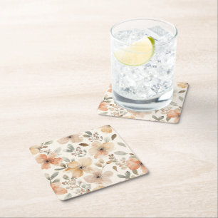 Beige Peach Floral Watercolor Botanical Pattern Square Paper Coaster