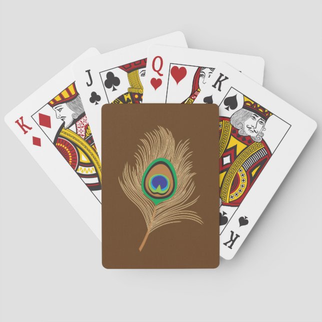 Beige Peacock Feather on Chocolate Brown Playing Cards (Back)