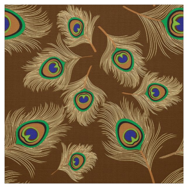 Beige Peacock Feathers on Chocolate Brown Fabric (Swatch)